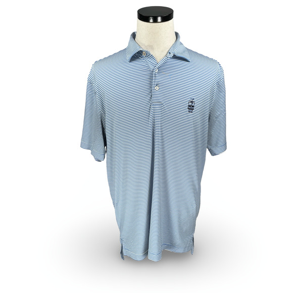 Peter Millar Summer Comfort Polo Shirt Men's Medium Blue White Striped Bus Logo - Picture 1 of 9